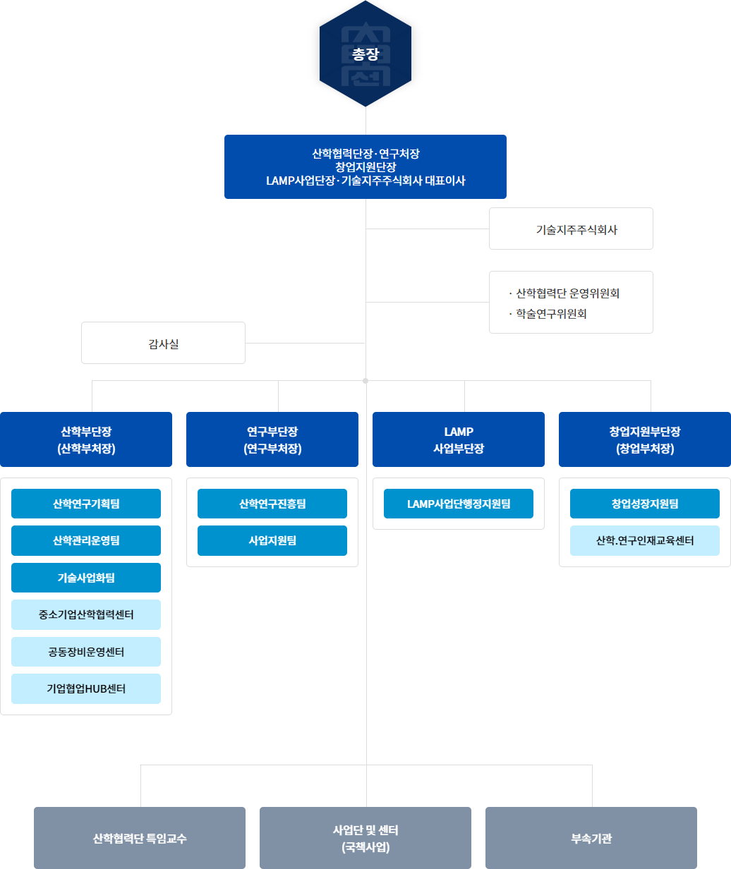 총장 아래에 산학협력단장(연구처장) 아래에 감사실, 산학협력단 법률자문단, 인사노무자문기관, 세무자문기관 조직이 있음. 그 아래에 산학연구부단장(연구부처장), 산학협력부단장(산학부처장)이 있음, 산학연구부단장 아래에는 산학연구진흥팀, 사업지원팀이 있음. 산학협력부단장 아래에는 산학연구협력팀, 산학관리운영팀, 공동장비운영센터, 기술확산지원센터, 기술지주회사가 소속되어 있음, 산학연구부단장과 산학협력부단장은 각각 센터(연구소, 사업단)와 부속기관이 존재하는 것을 보여주는 조직도 이미지